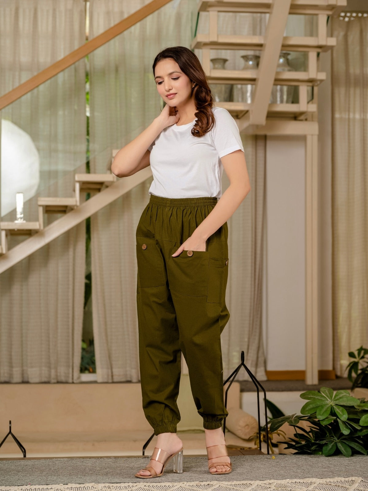 Dark Green Four Pocket Cotton Cargo Pants