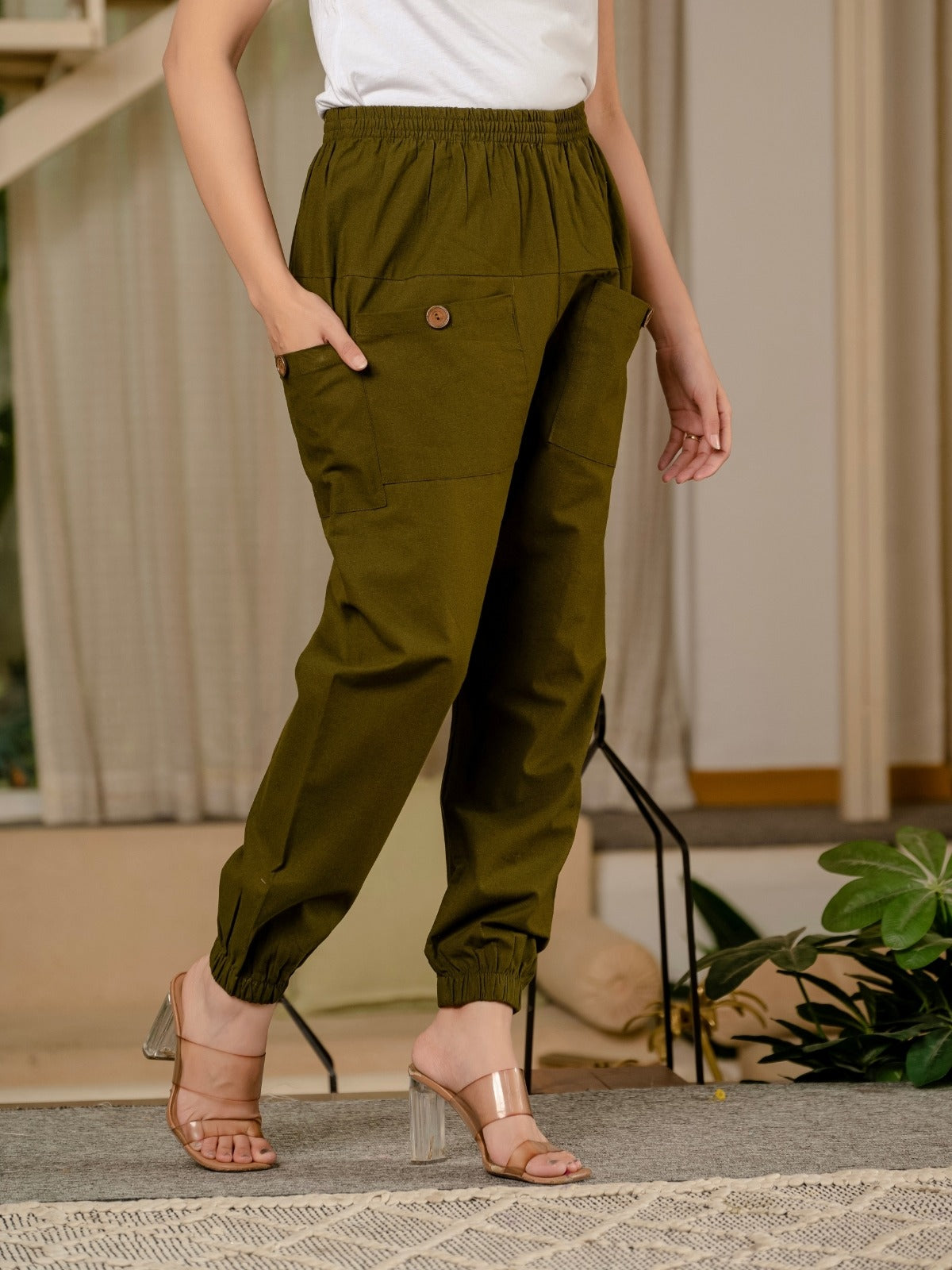Dark Green & Melange Four Pocket Cotton Cargo Pants Combo