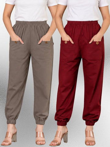 Grey & Maroon Four Pocket Cotton Cargo Pants Combo