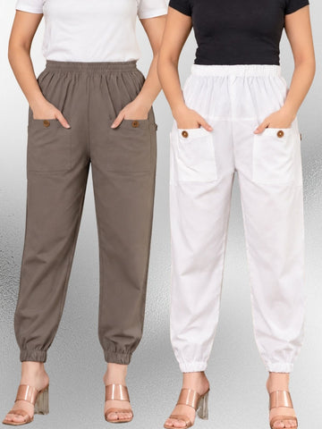 Grey & White Four Pocket Cotton Cargo Pants Combo