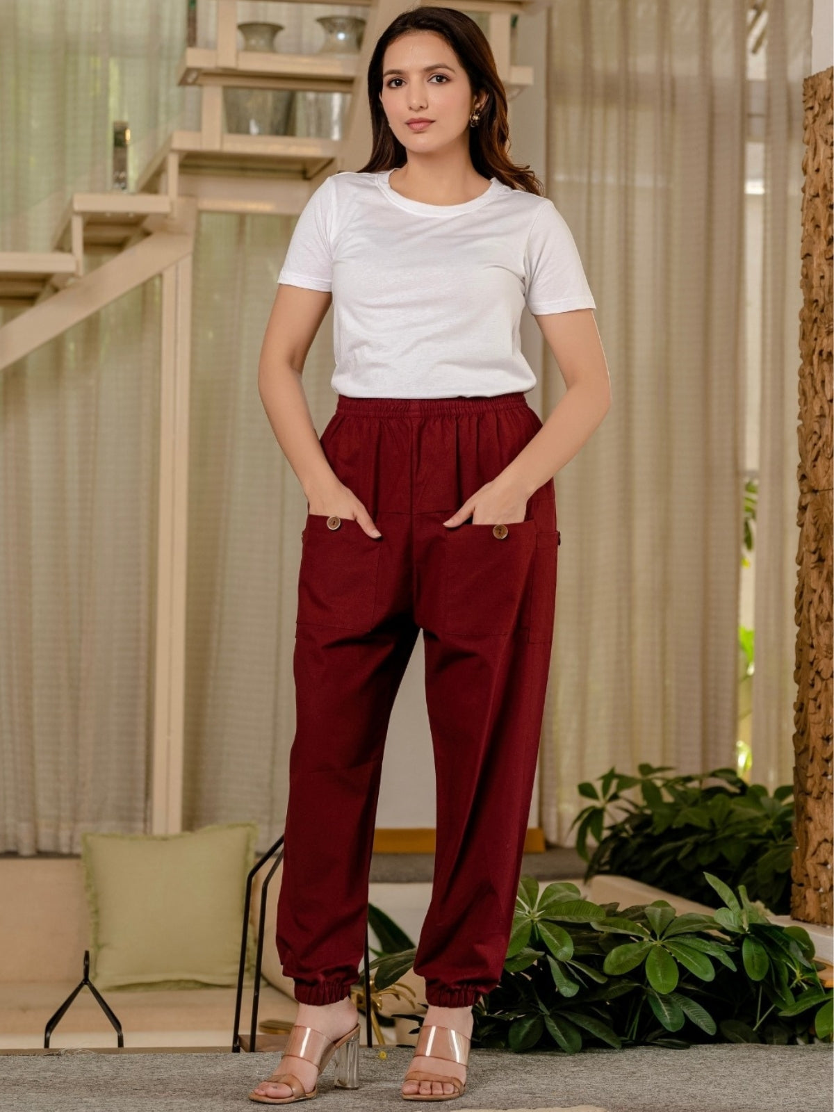 Maroon Four Pocket Cotton Cargo Pants