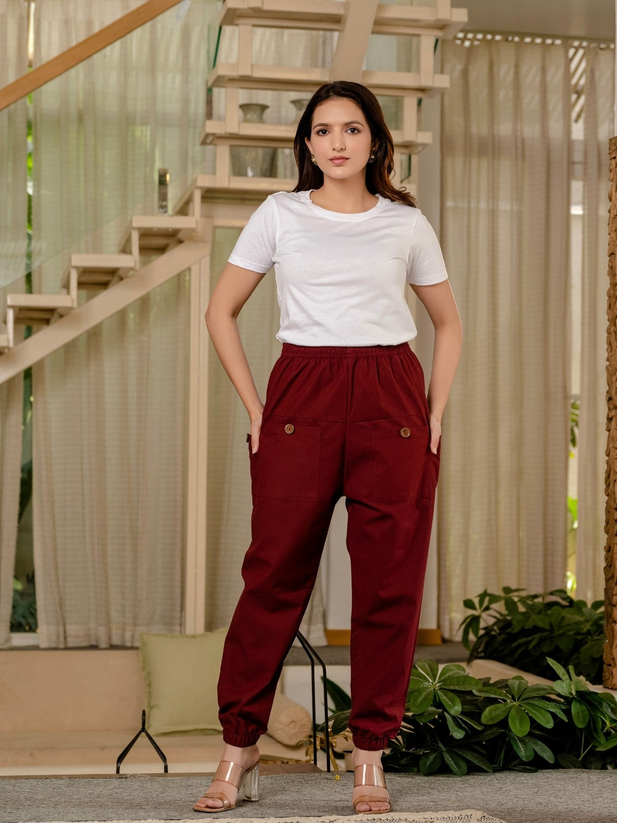Maroon Four Pocket Cotton Cargo Pants