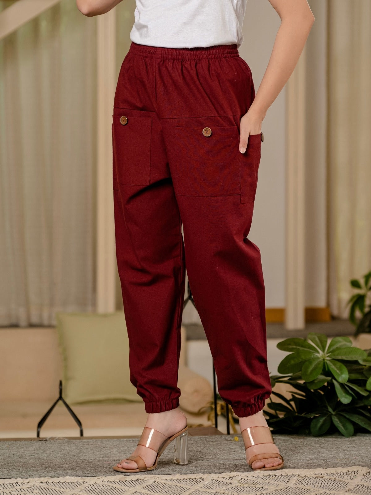 Maroon & White Four Pocket Cotton Cargo Pants Combo