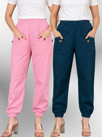 Pink & Tealblue Four Pocket Cotton Cargo Pants Combo