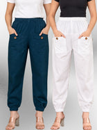 Tealblue & White Four Pocket Cotton Cargo Pants Combo