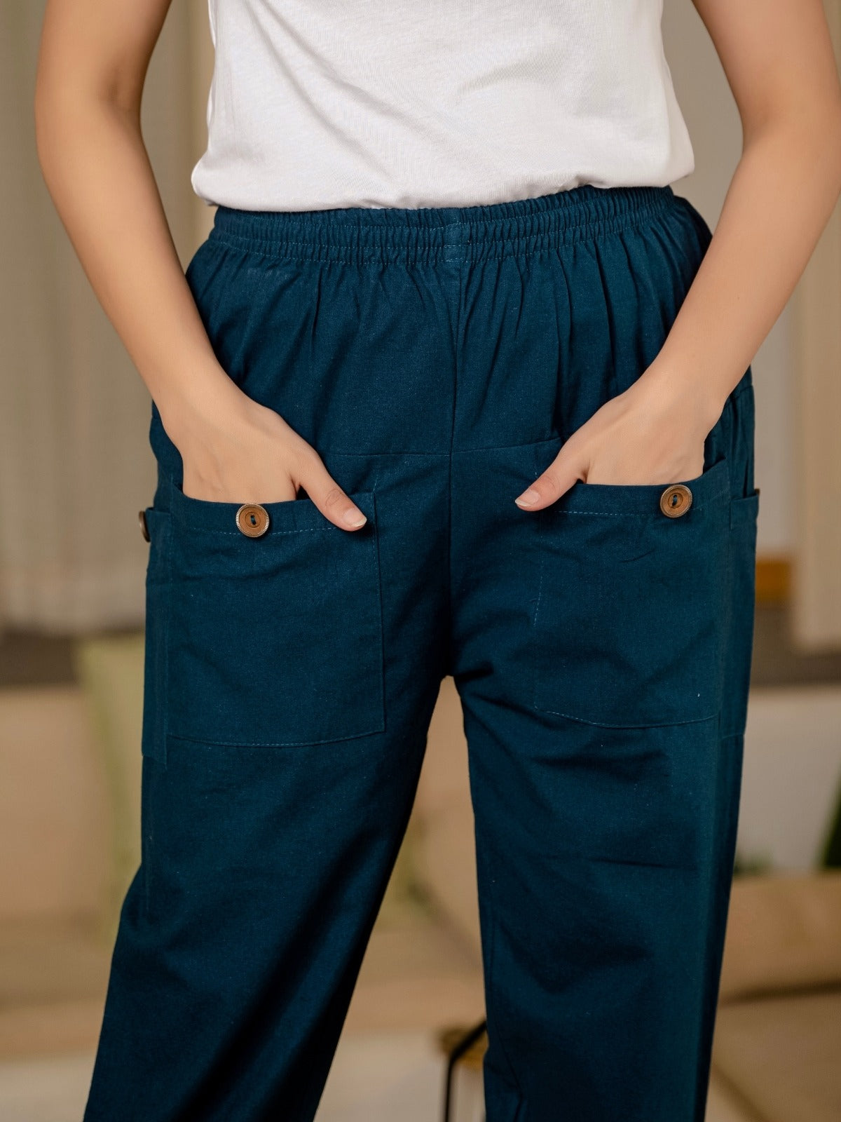 Teal Blue Four Pocket Cotton Cargo Pants