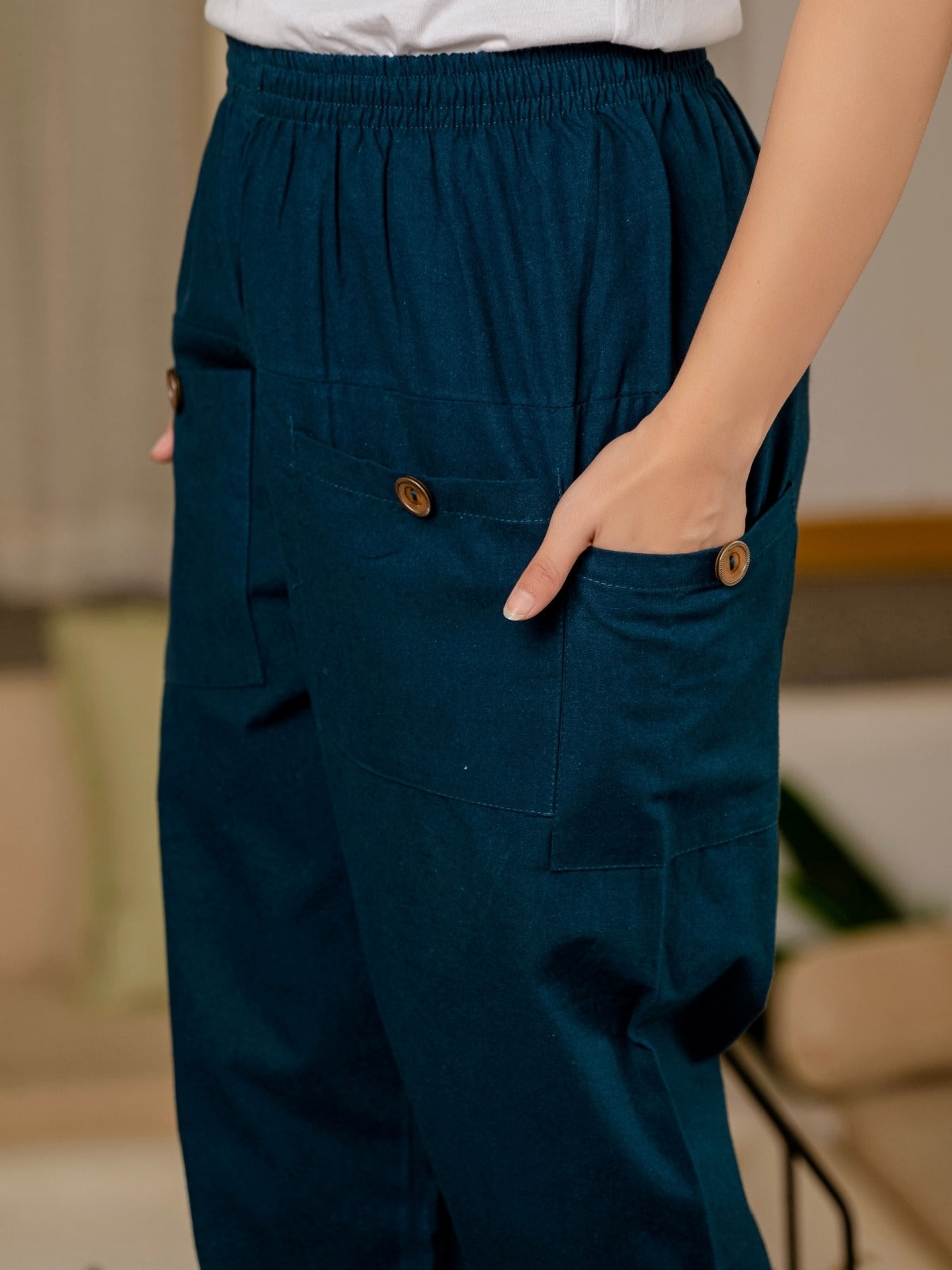 Teal Blue Four Pocket Cotton Cargo Pants