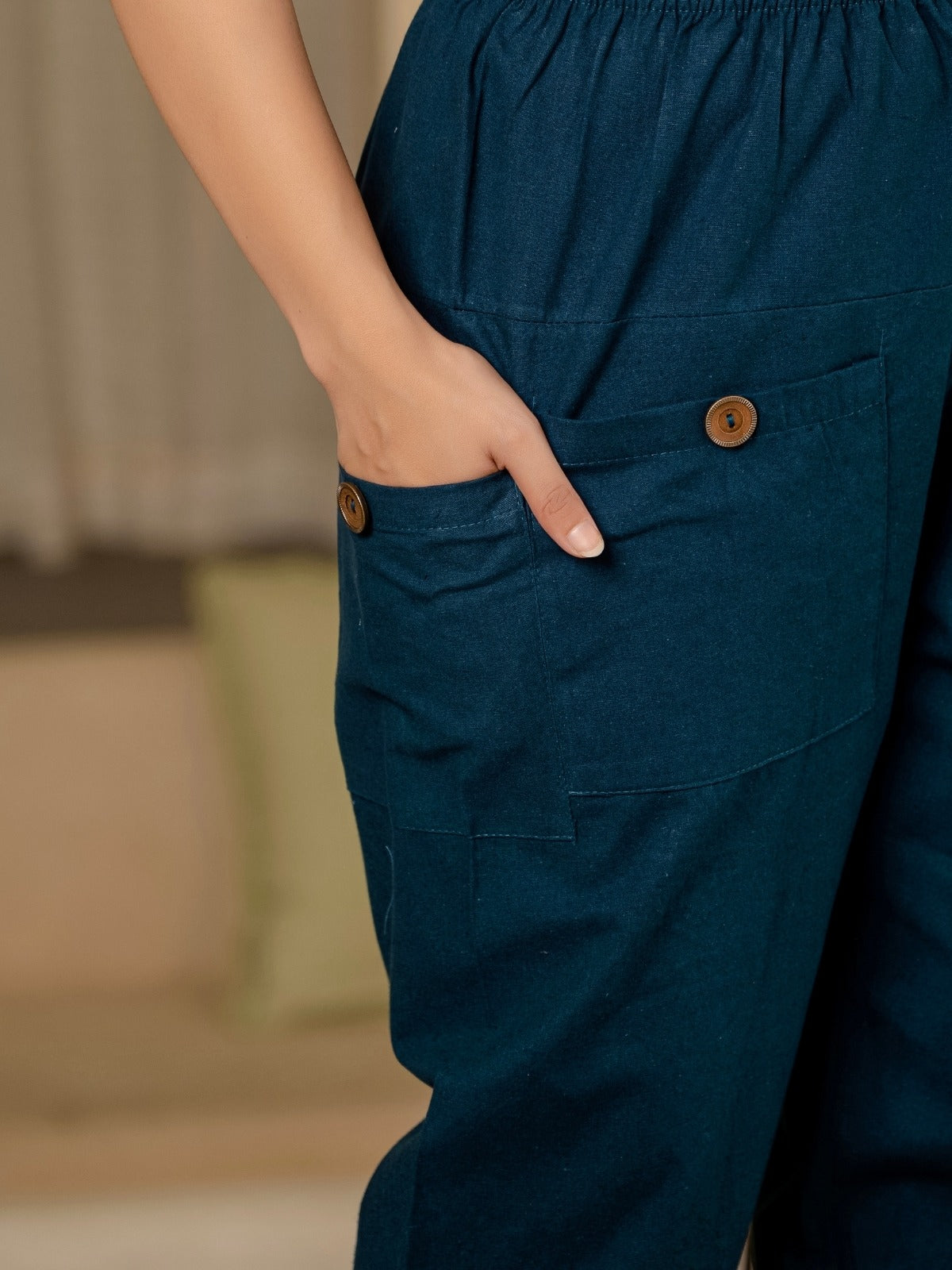 Teal Blue Four Pocket Cotton Cargo Pants