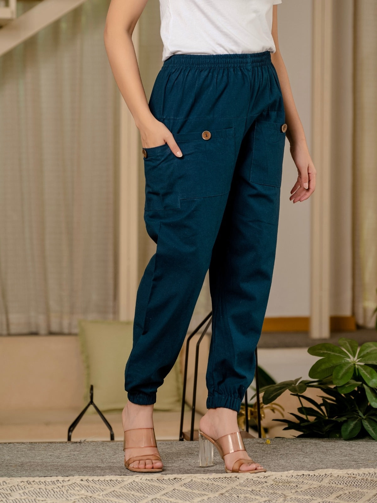 Pink & Tealblue Four Pocket Cotton Cargo Pants Combo