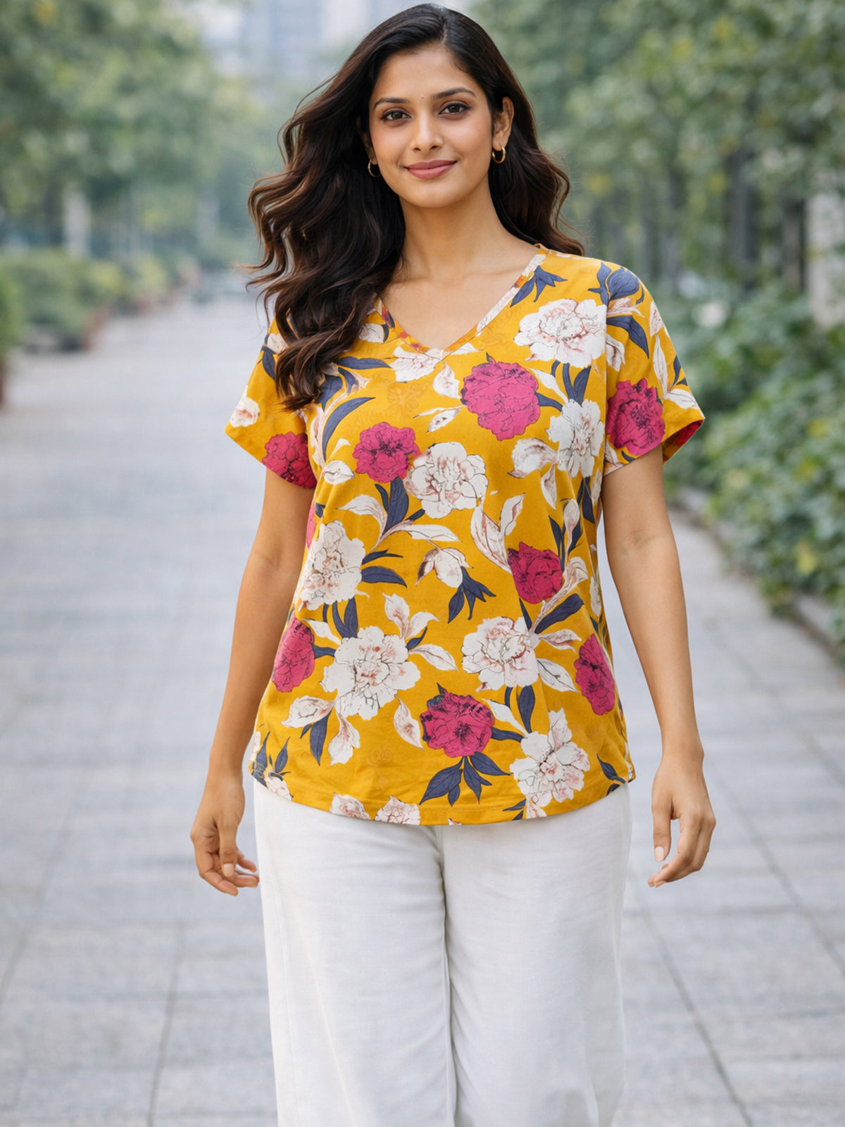 Yellow Airy Linen Cotton Printed Top