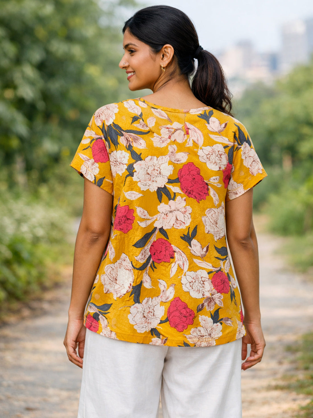 Yellow Airy Linen Cotton Printed Top