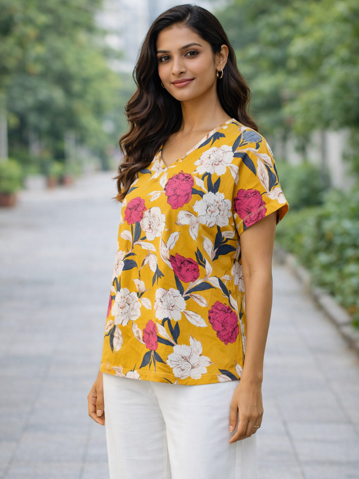 Yellow Airy Linen Cotton Printed Top