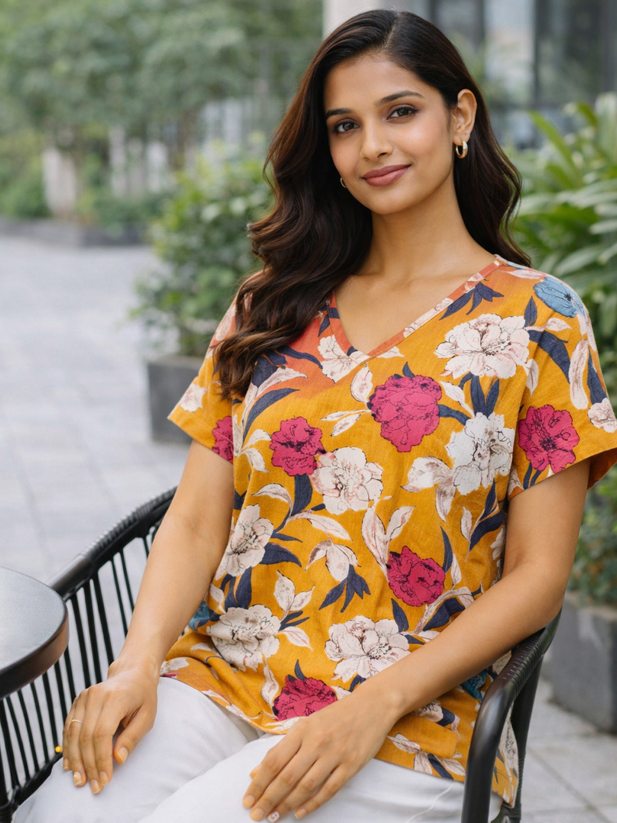 Yellow Airy Linen Cotton Printed Top