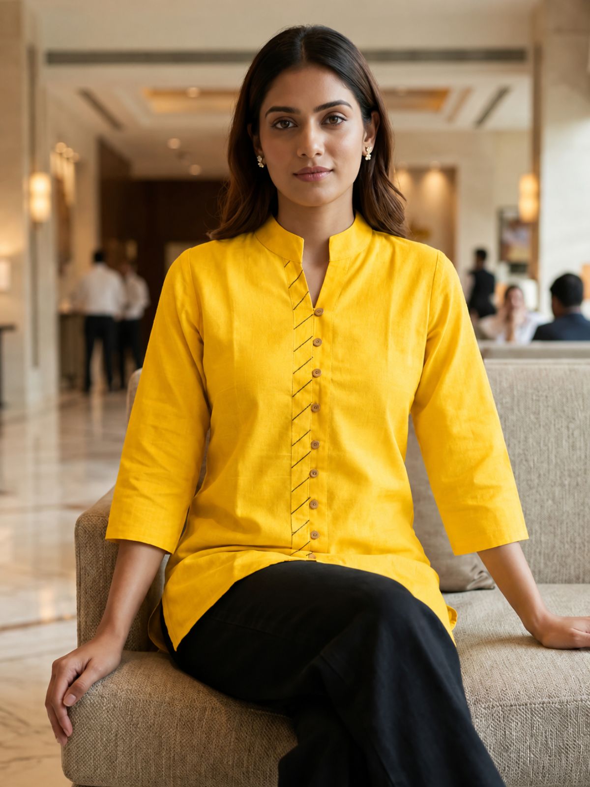 Yellow Handloom Cotton Front-Slit Short Kurti