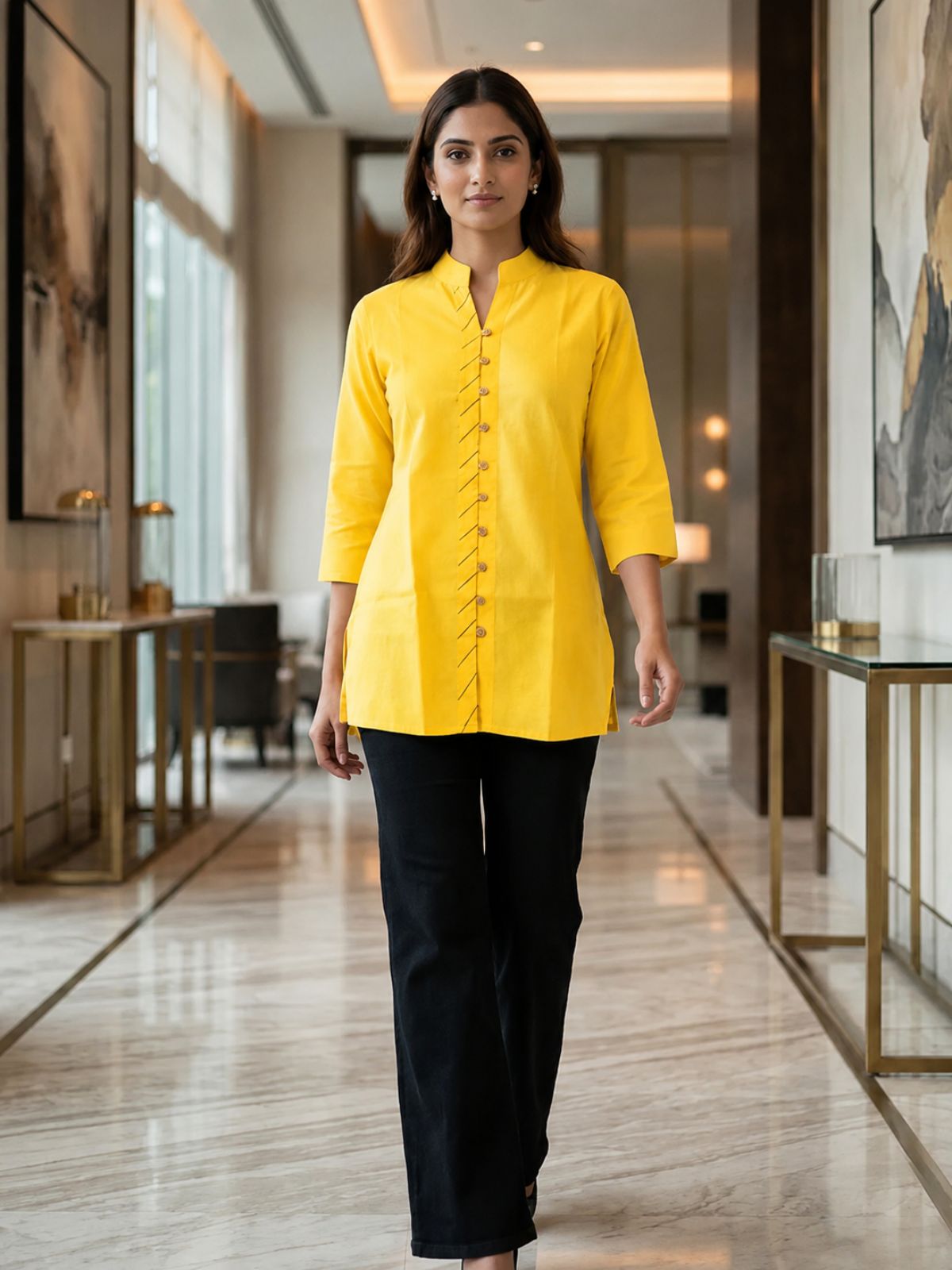 Yellow Handloom Cotton Front-Slit Short Kurti