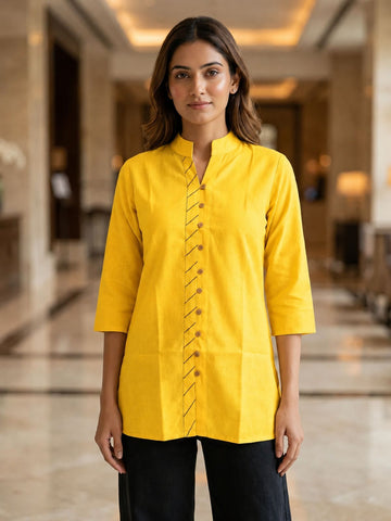 Yellow Handloom Cotton Front-Slit Short Kurti