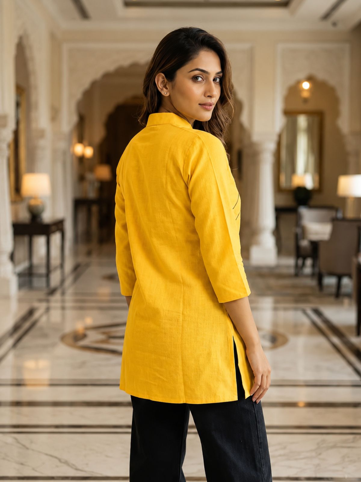 Yellow Handloom Cotton Front-Slit Short Kurti