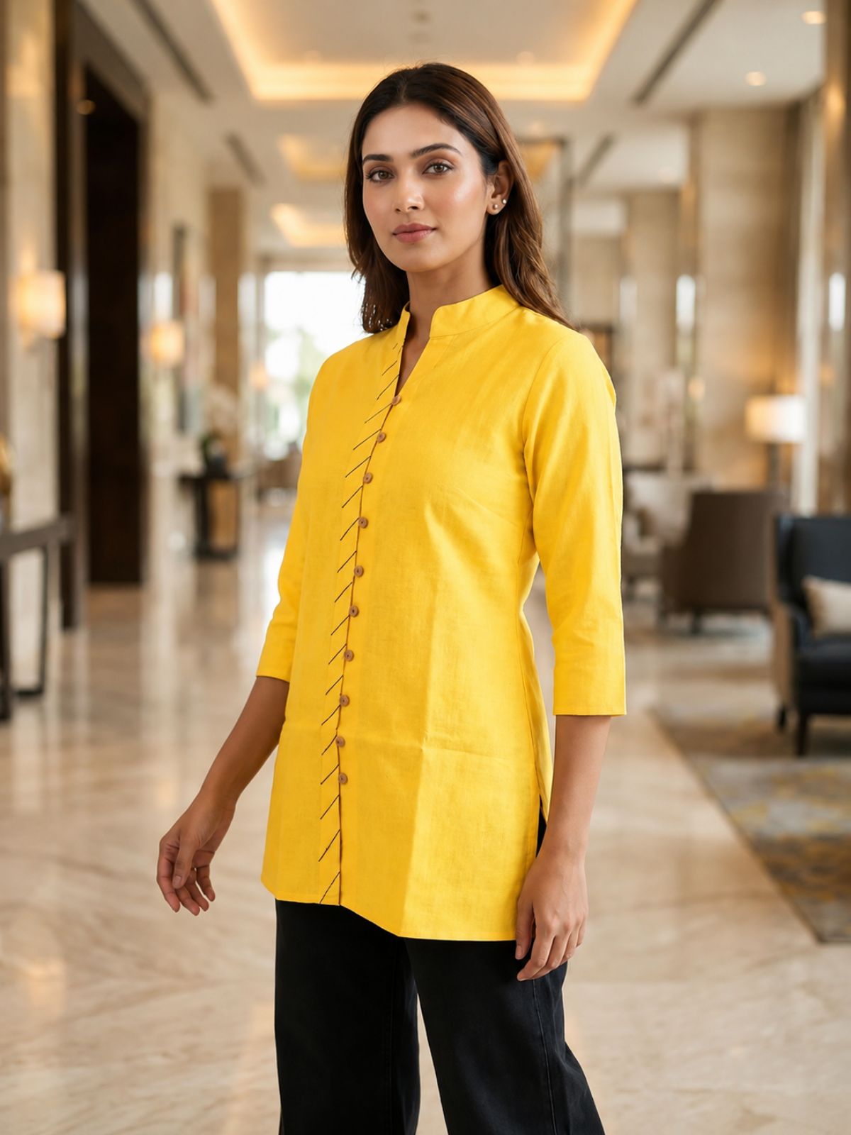 Yellow Handloom Cotton Front-Slit Short Kurti