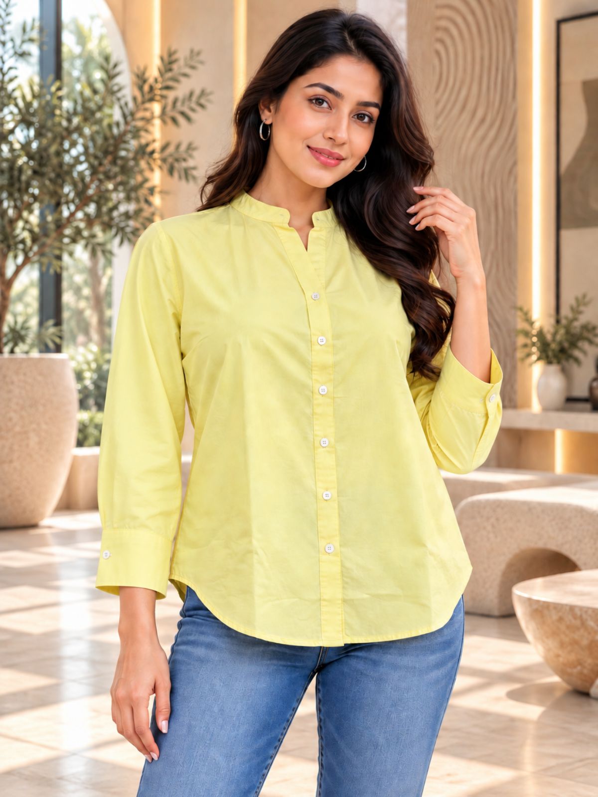 Yellow Cotton Blend Shirts