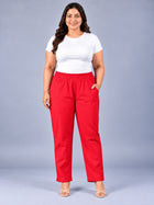 Red Regular Fit Elastic Plus Sizes Cotton Trouser