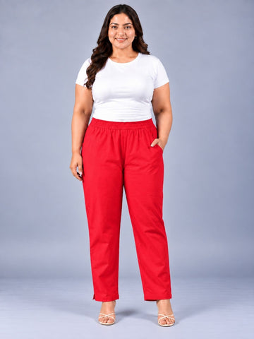 Red Regular Fit Elastic Plus Sizes Cotton Trouser