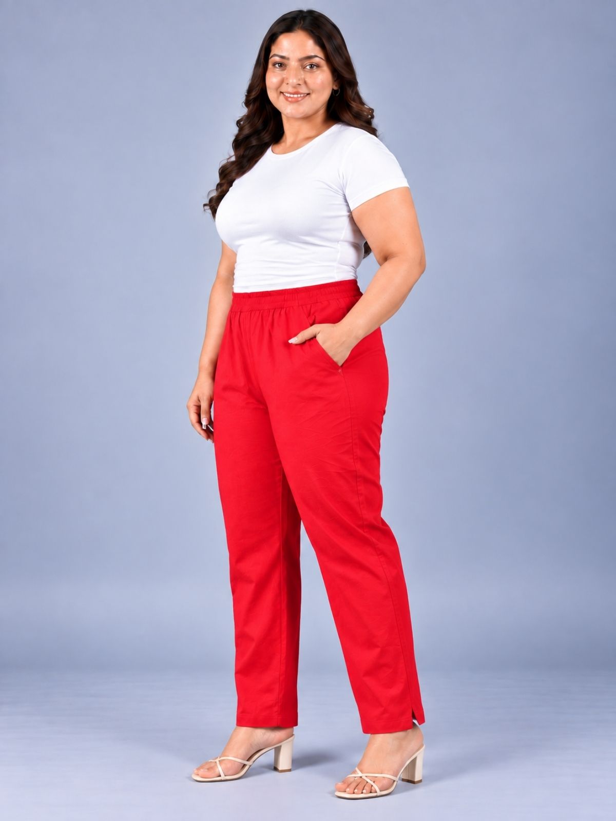 Red Regular Fit Elastic Plus Sizes Cotton Trouser