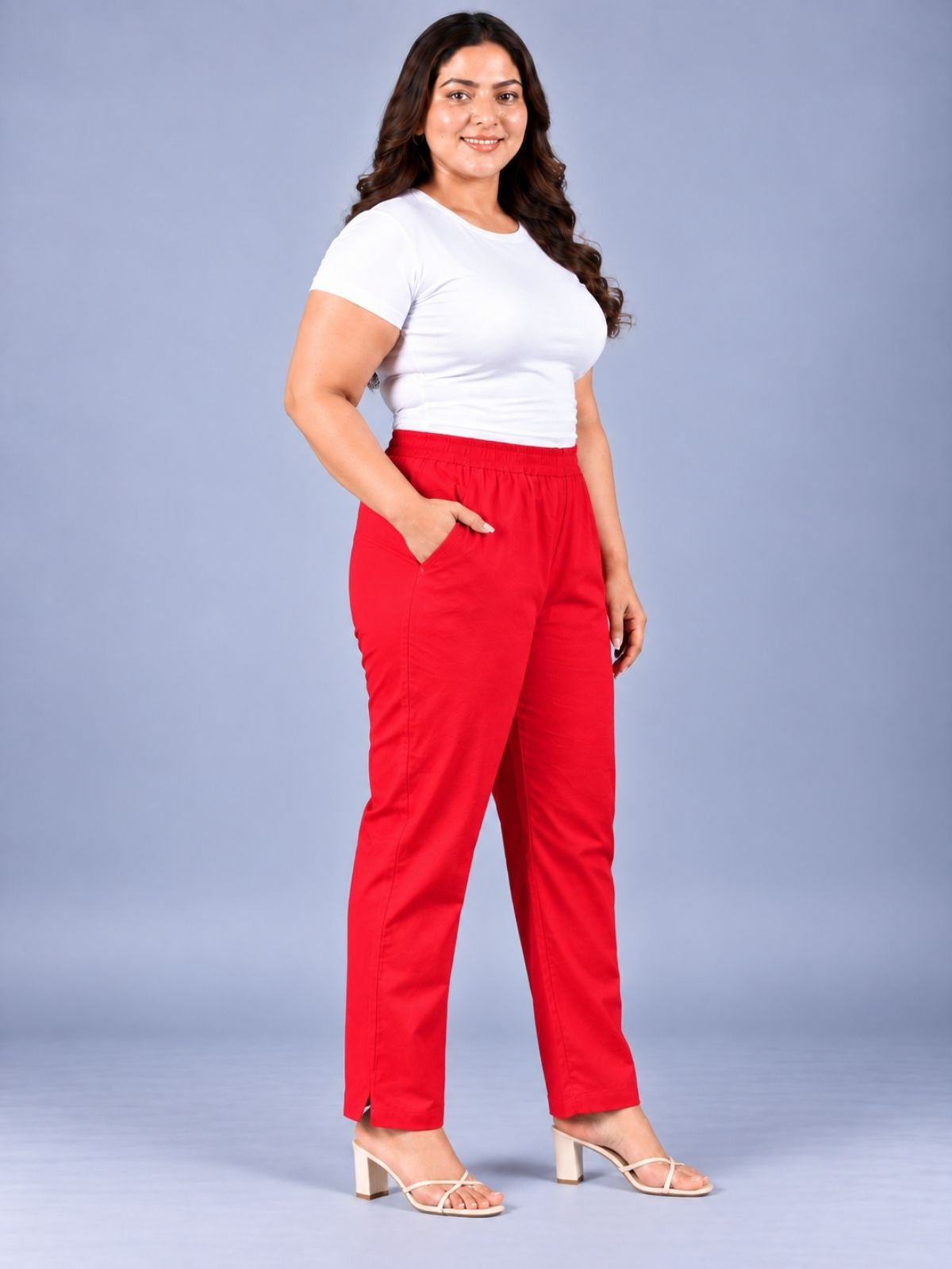 Red Regular Fit Elastic Plus Sizes Cotton Trouser