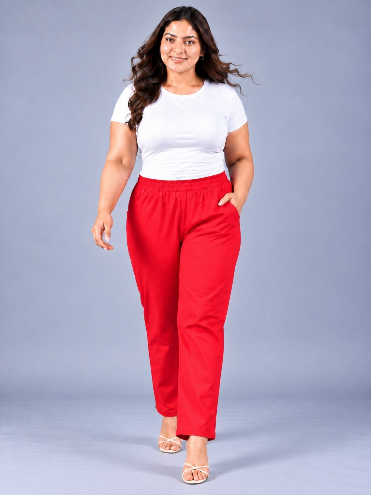 Red Regular Fit Elastic Plus Sizes Cotton Trouser