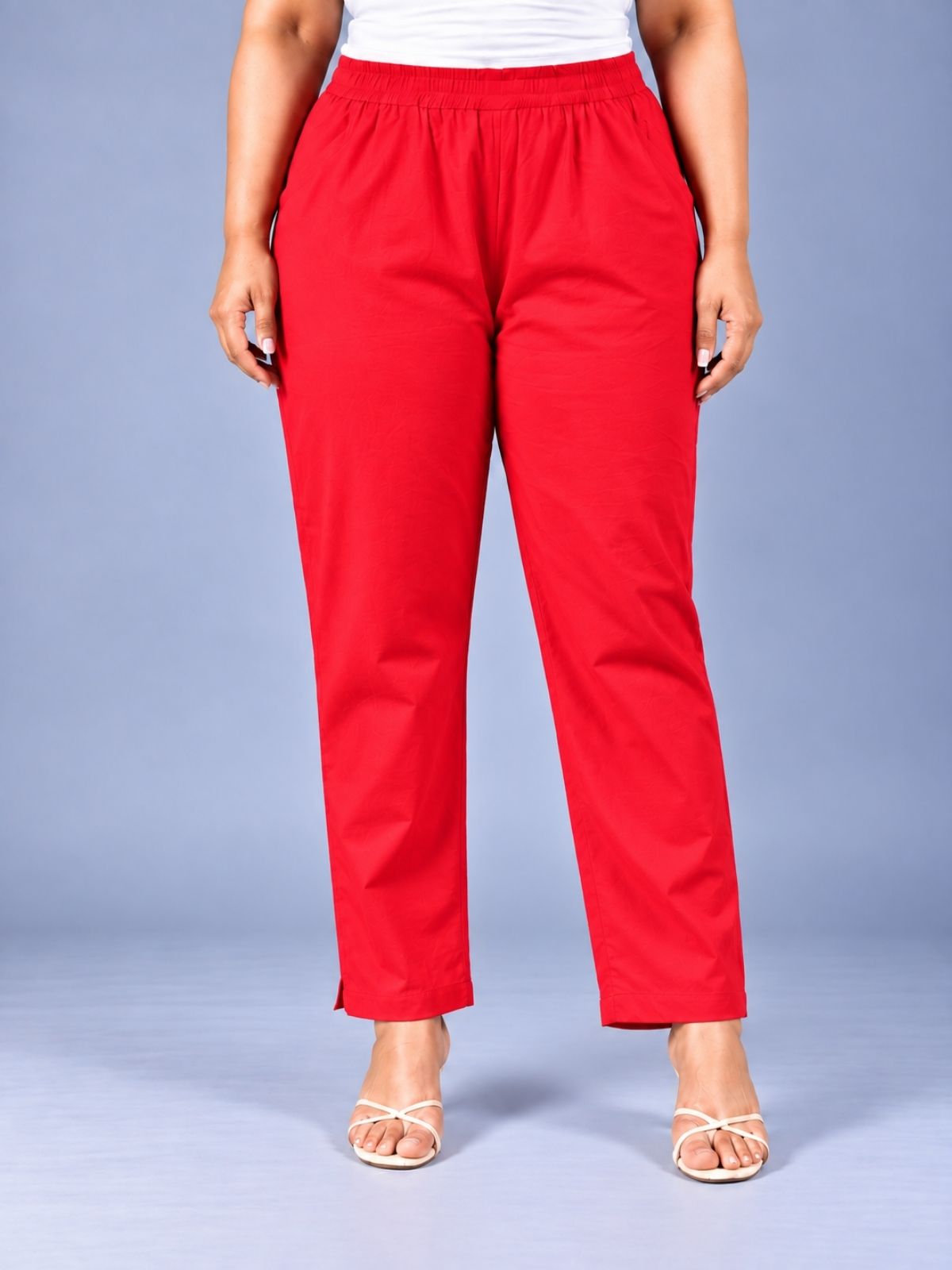 Red Regular Fit Elastic Plus Sizes Cotton Trouser