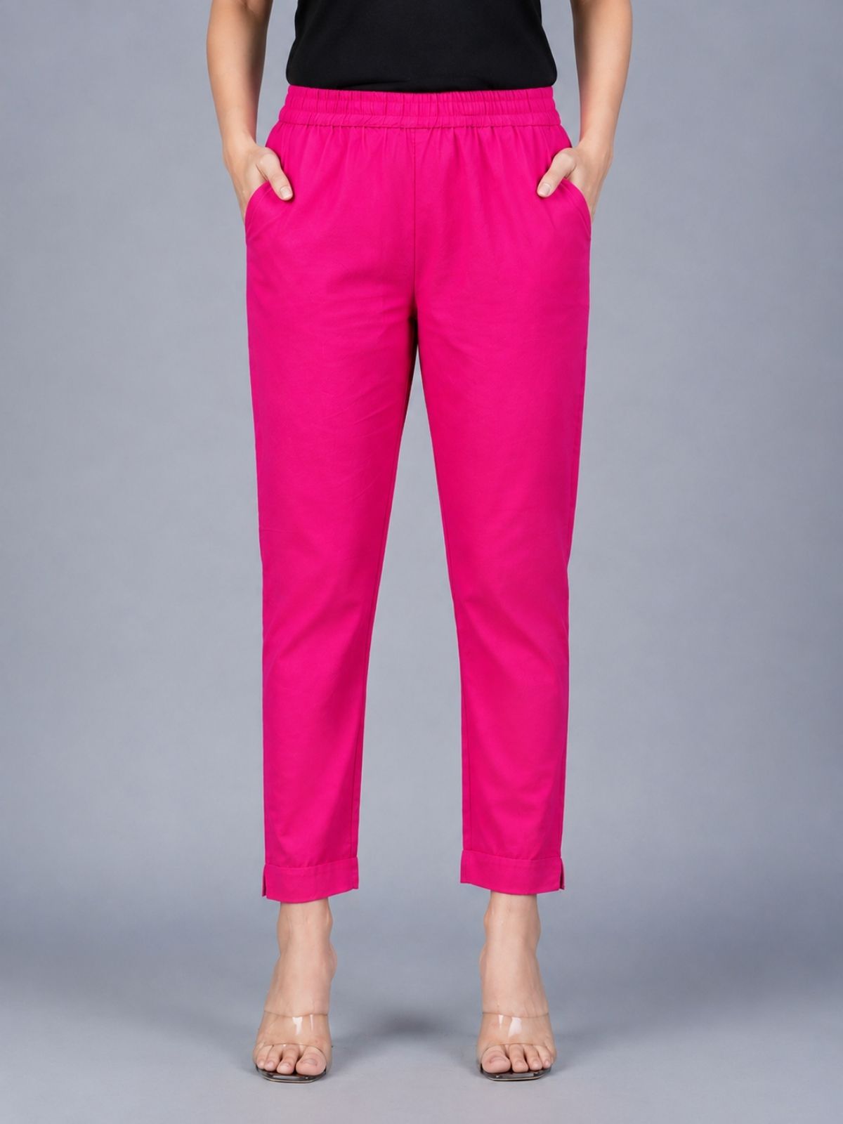 Beige & Rani Regular Fit Elastic Cotton Trouser Combo