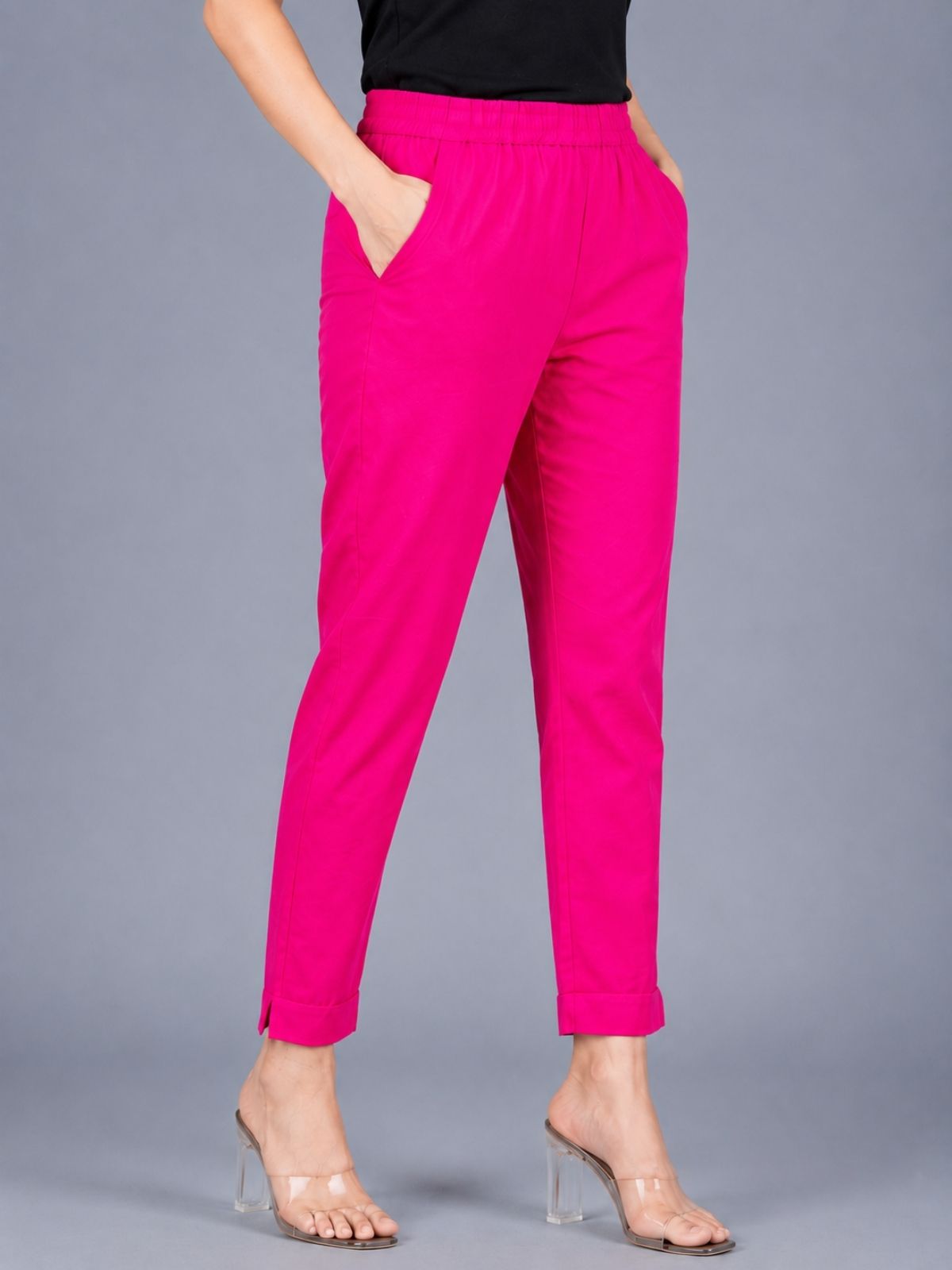 Beige & Rani Regular Fit Elastic Cotton Trouser Combo