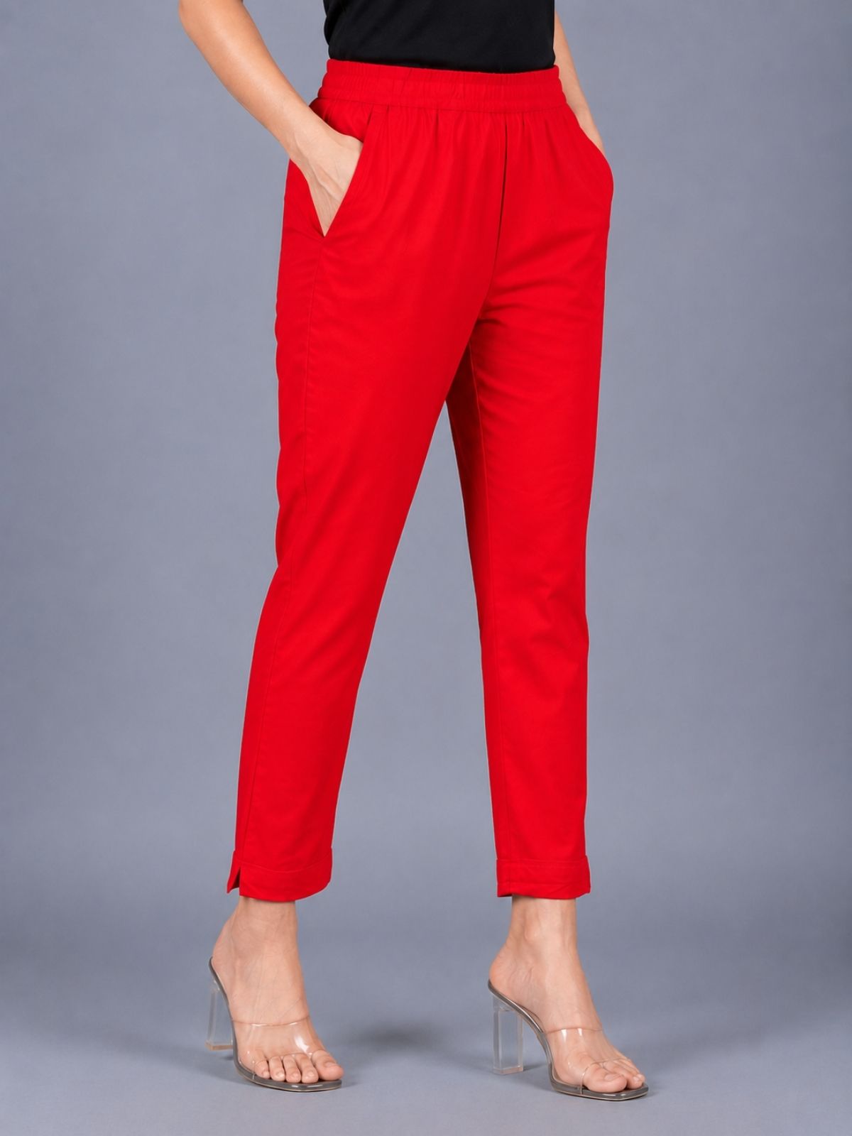 Beige & Red Regular Fit Elastic Cotton Trouser Combo