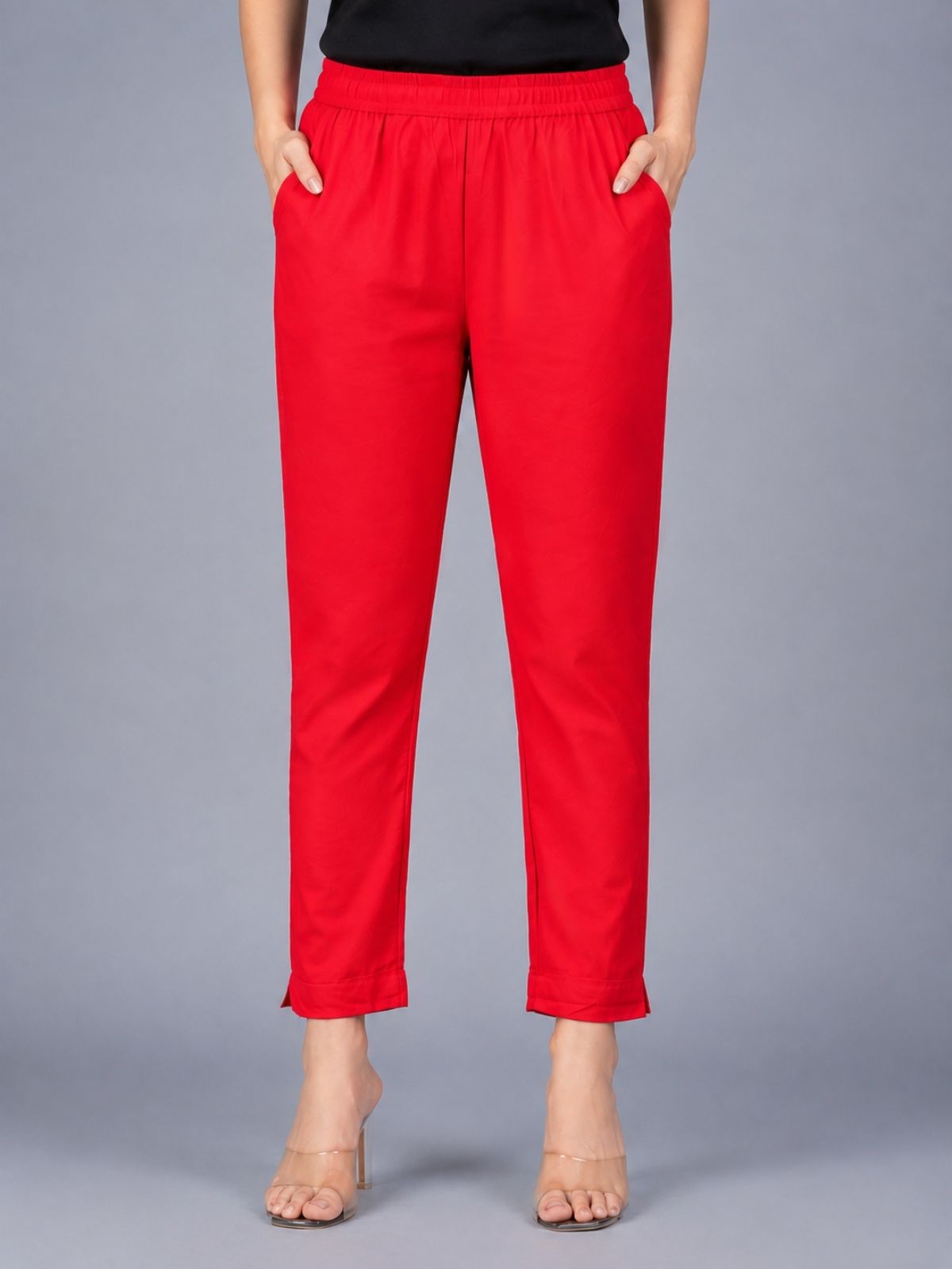 Mauvepink & Red Regular Fit Elastic Cotton Trouser Combo