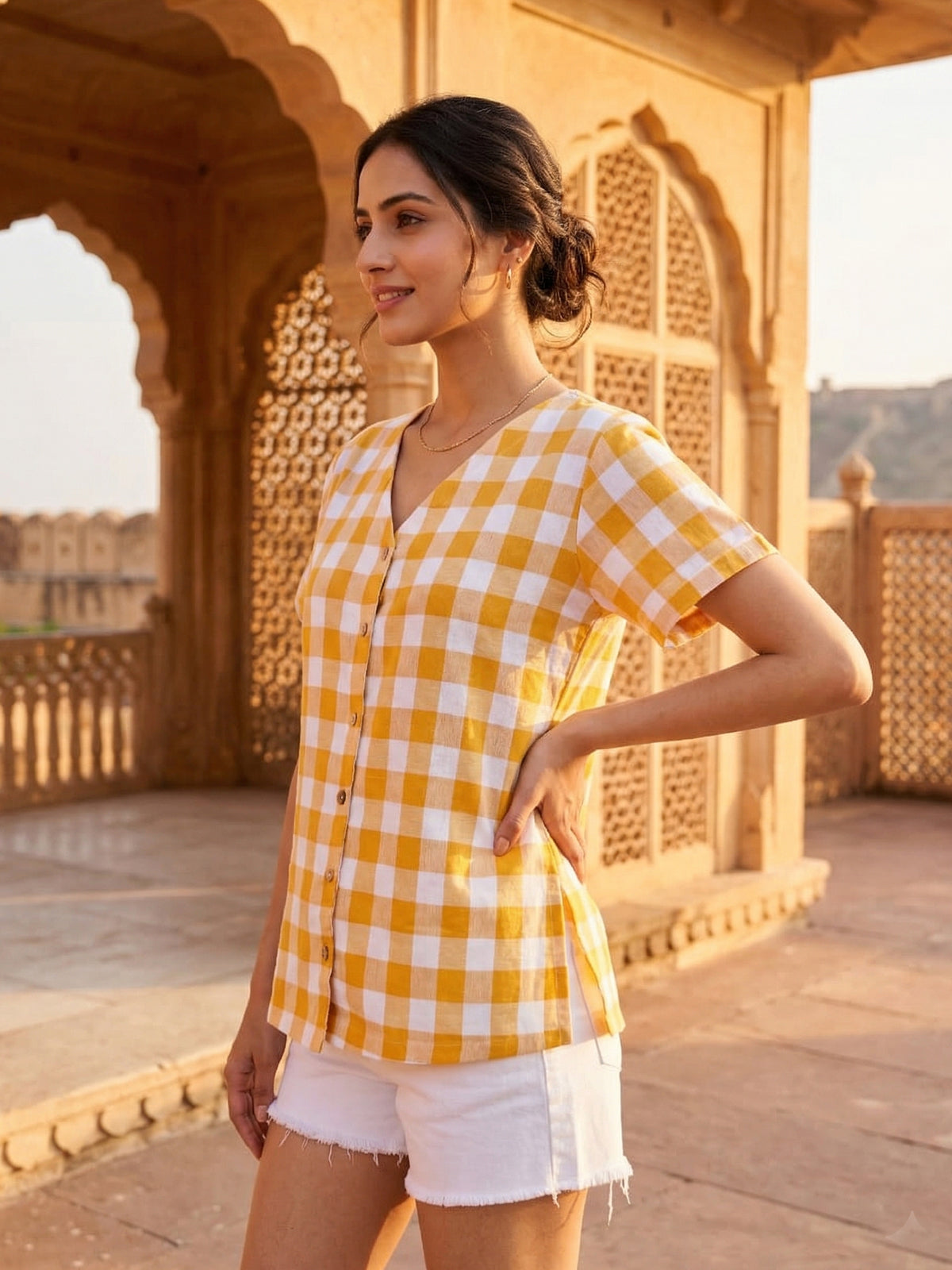 Yellow Soft Cotton Check Shirt