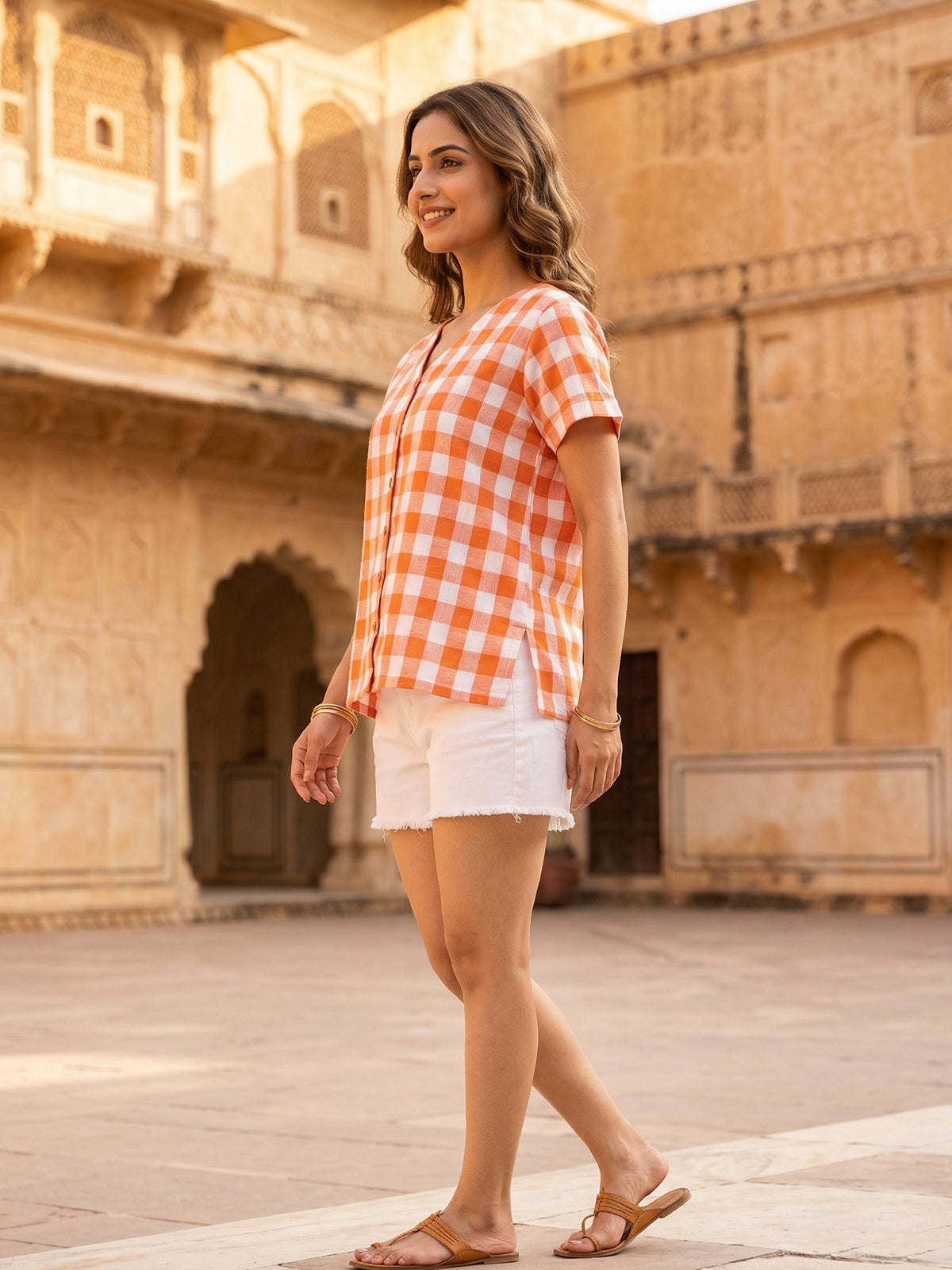 Orange Soft Cotton Check Shirt