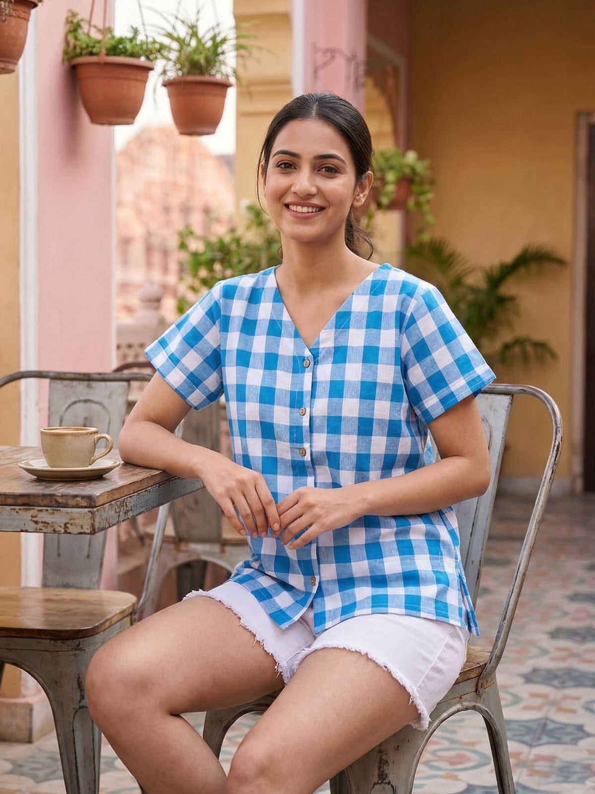Sky Blue Soft Cotton Check Shirt