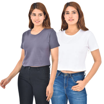 Grey & White Cotton Hosiery Crop Top Combo