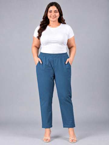 TealBlue Round Elastic Plus Sizes Cotton Trouser