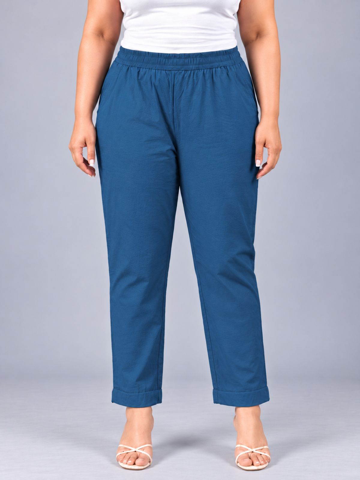 TealBlue Round Elastic Plus Sizes Cotton Trouser