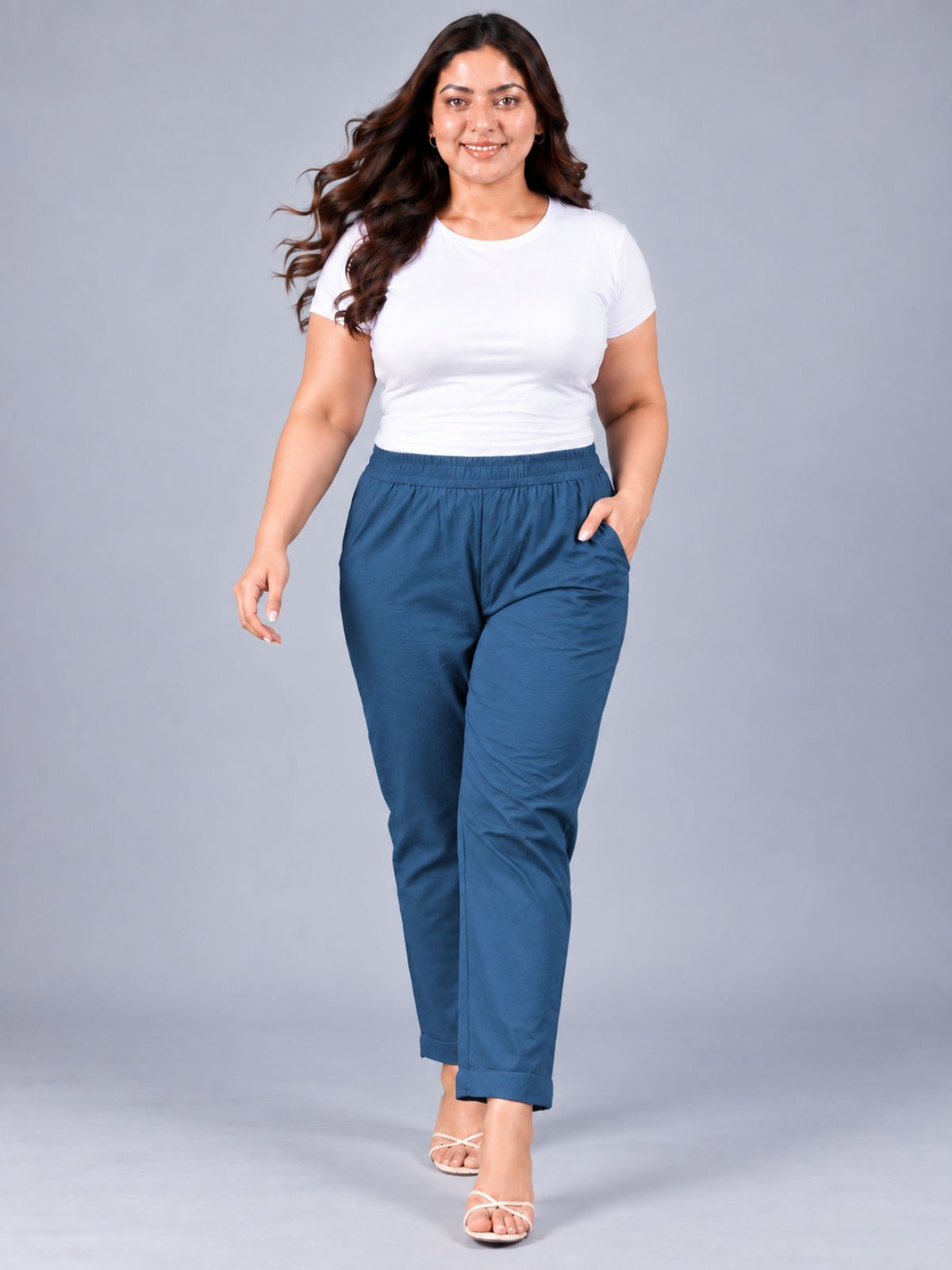 TealBlue Round Elastic Plus Sizes Cotton Trouser
