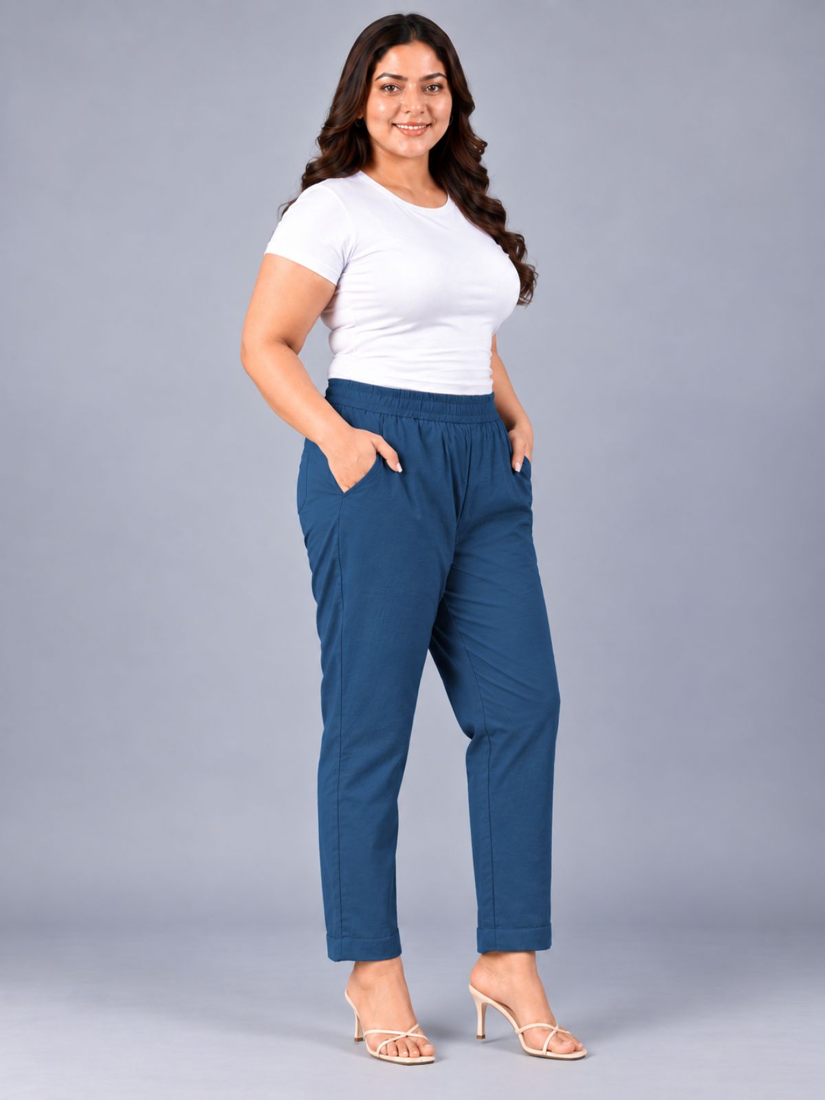 TealBlue Round Elastic Plus Sizes Cotton Trouser