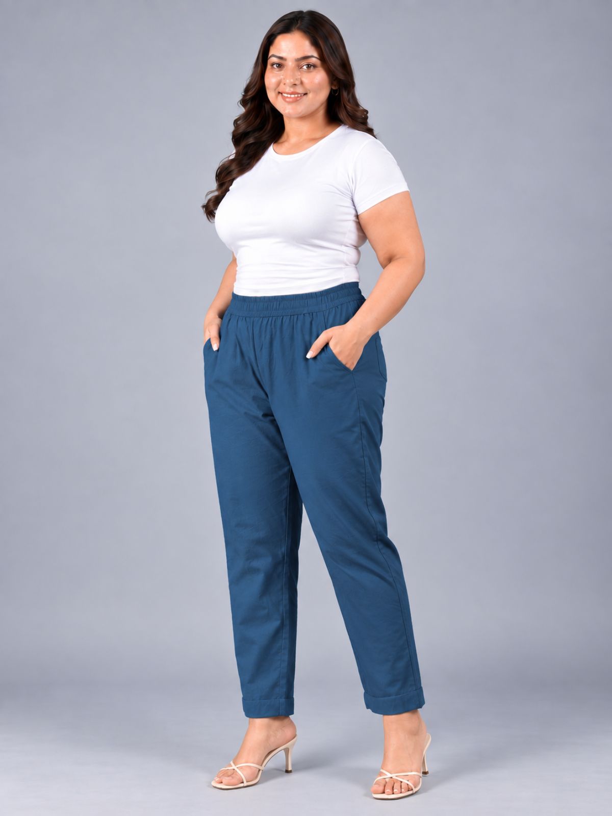 TealBlue Round Elastic Plus Sizes Cotton Trouser