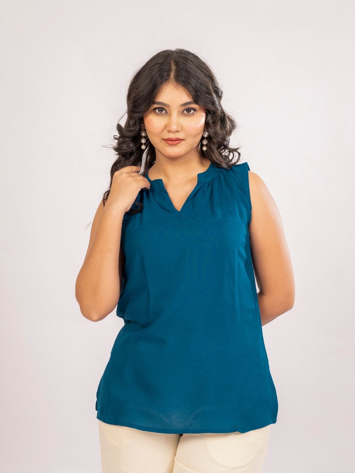 TealBlue Viscose Gathered Neckline Tops