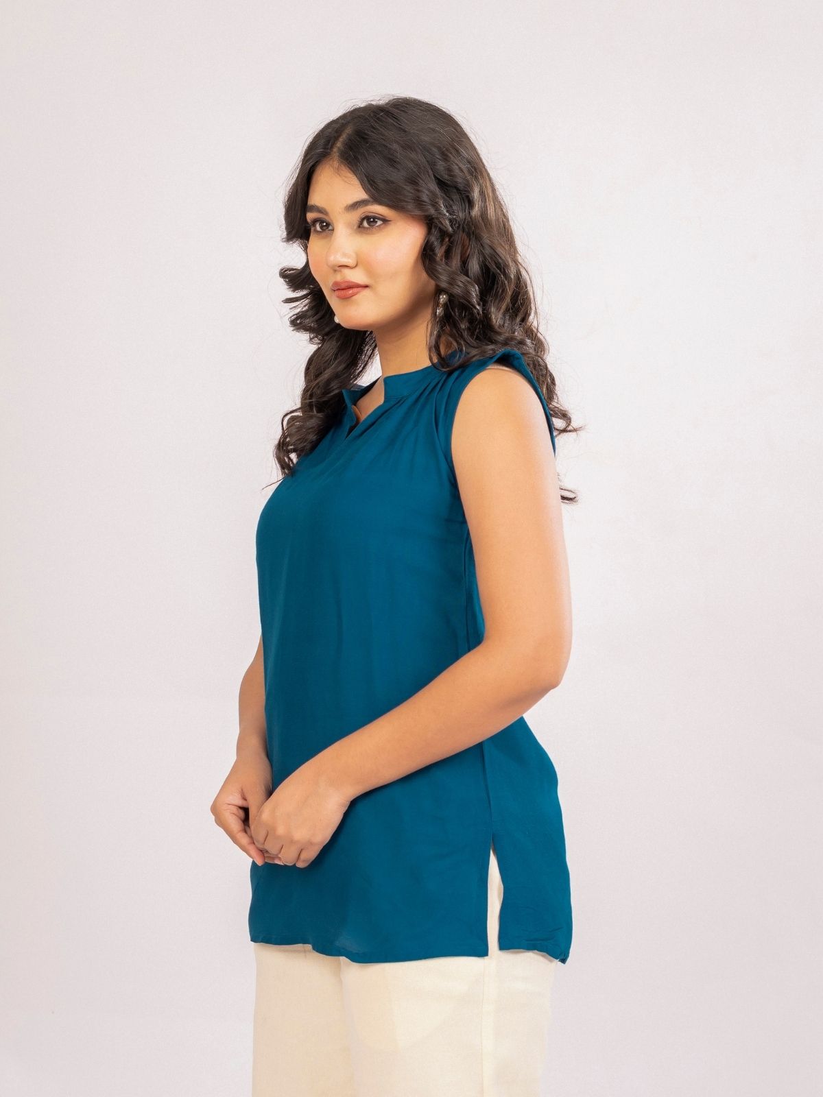 TealBlue Viscose Gathered Neckline Tops