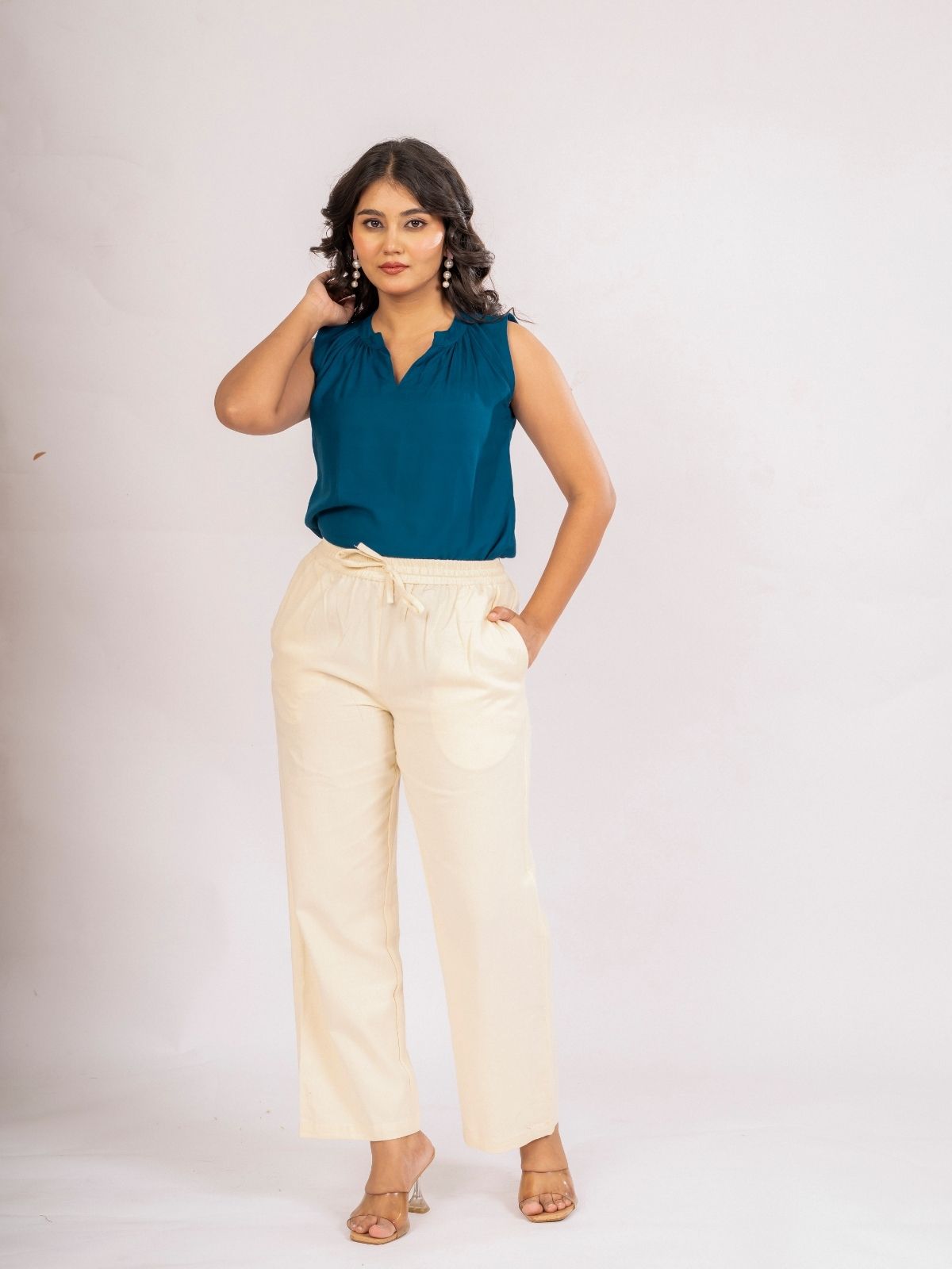 TealBlue Viscose Gathered Neckline Tops