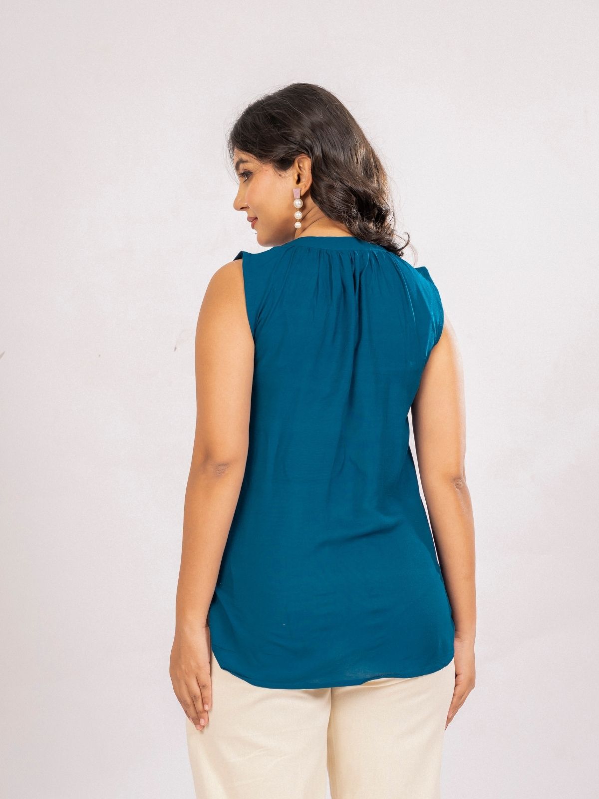 TealBlue Viscose Gathered Neckline Tops