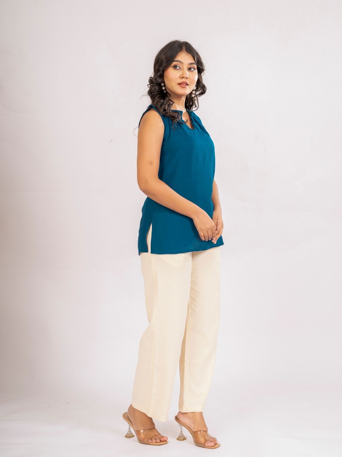 TealBlue Viscose Gathered Neckline Tops