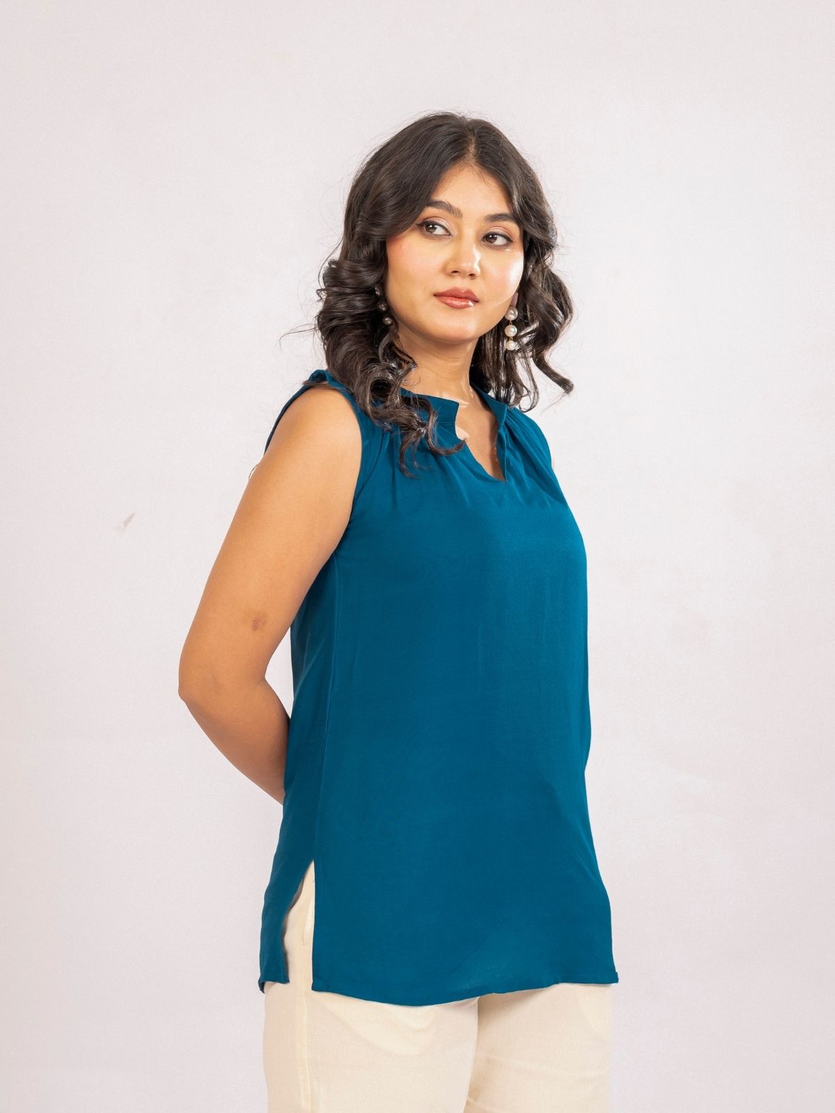 TealBlue Viscose Gathered Neckline Tops