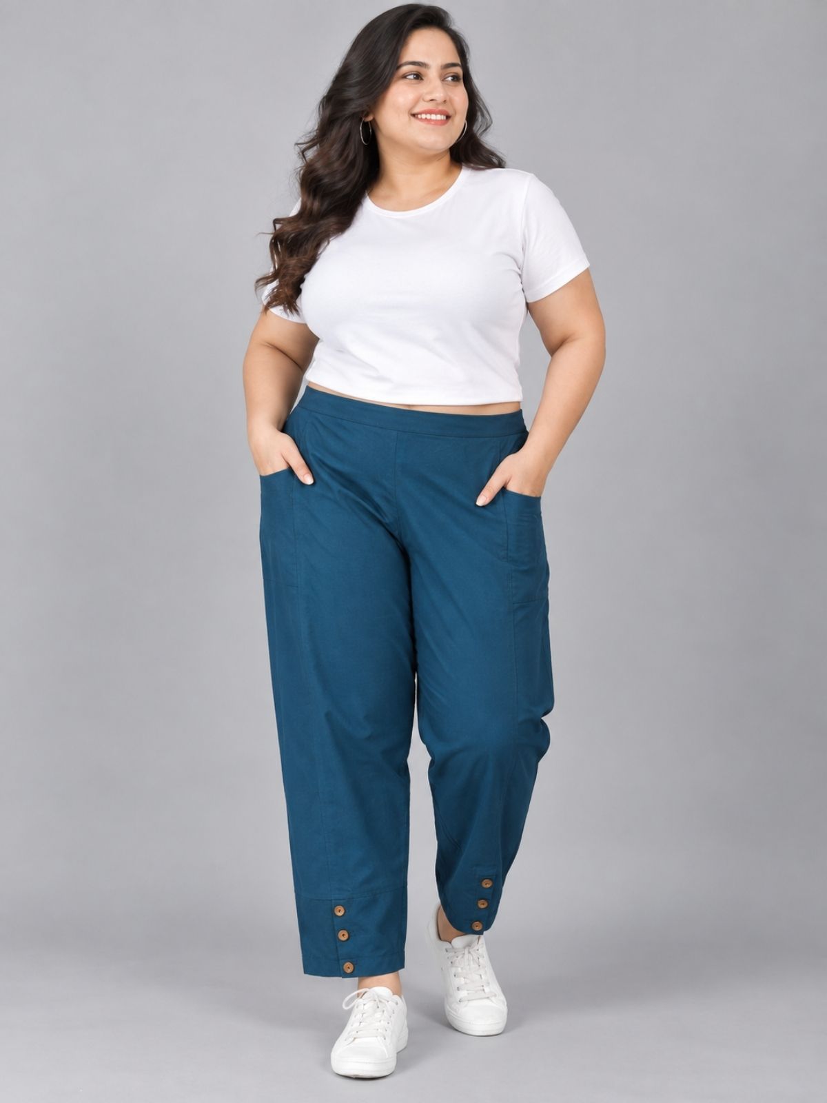 Teal Blue Cotton Straight Cargo Pant