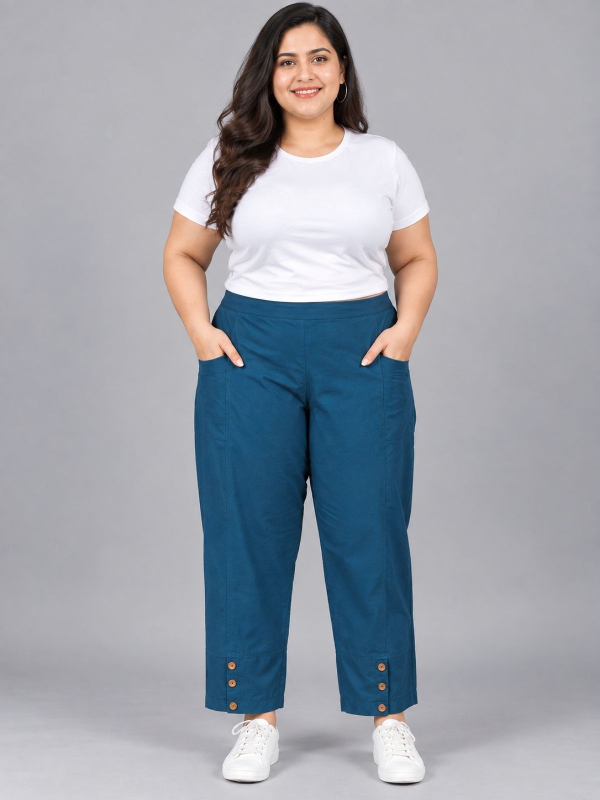 Teal Blue Cotton Straight Cargo Pant